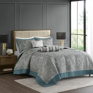 360 Stand King Size Bed Aubrey Jacquard Weave Bedspread Set, 5-Piece Teal Paisley Print Traditional Look Hypoallergenic Bedding with Throw Pillows, 120x118x0.25in, Five Pieces