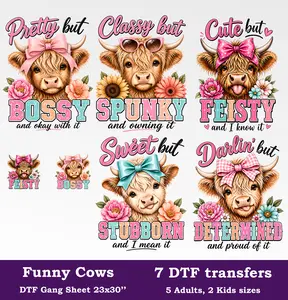 Funny Cow DTF Gang Sheet, 23x30 in. Highland Cow Heat transfers