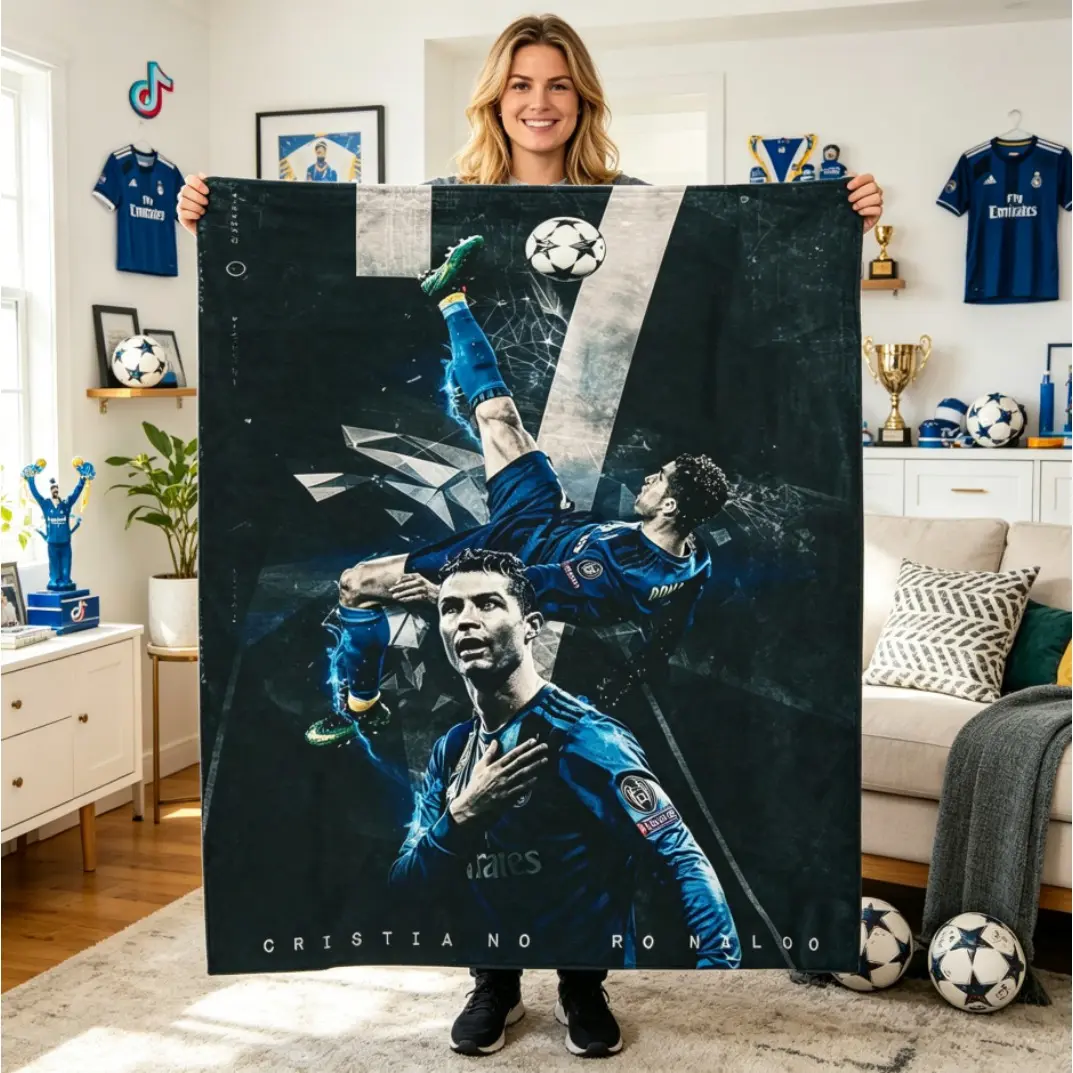 CR7 Inspired Soccer Blanket, Plush Flannel Sports Blanket with Stadium Couch Throw, Soft Bed Sofa Football Decor, Match Day Watch Party Cover, Gift for Adults Kids, Fan Room Accent, Team Night Lounge Layer, Sports Wall Style