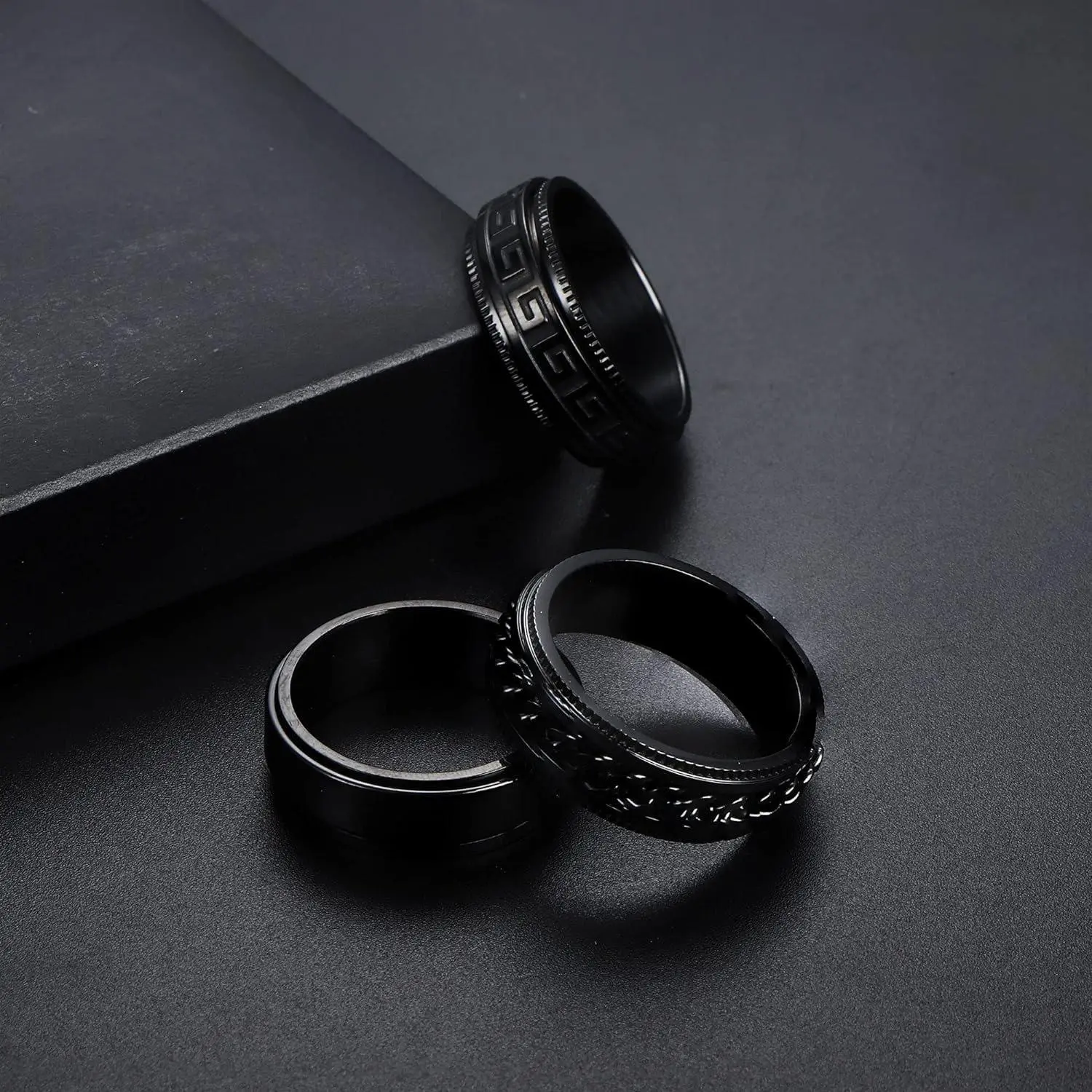 FINREZIO 3Pcs Stainless Steel Cool Chain Greek Key Spinner Band Ring Set Fidget Ring for Men Women for Wedding Promise Stress Relieving 8MM Wide Jewelry rings men promise rings gf wedding ring real rings wedding ring set smartrings emo stuff