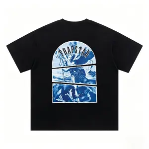 Blue Split Art Print Black T-Shirt Trapstar Inspired Streetwear Tee,Y2K Hip Hop Streetwear Angel Graphic Cotton Tee