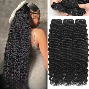 CHICHIFLOW Human Hair Bundles Deep Wave 16 18 20 Inch Curly Bundle Human Hair 100% Unprocessed Brazilian Virgin Hair 3 Bundles for Women Wet and Wavy Hair Bundle Weave Extensions Natural Black