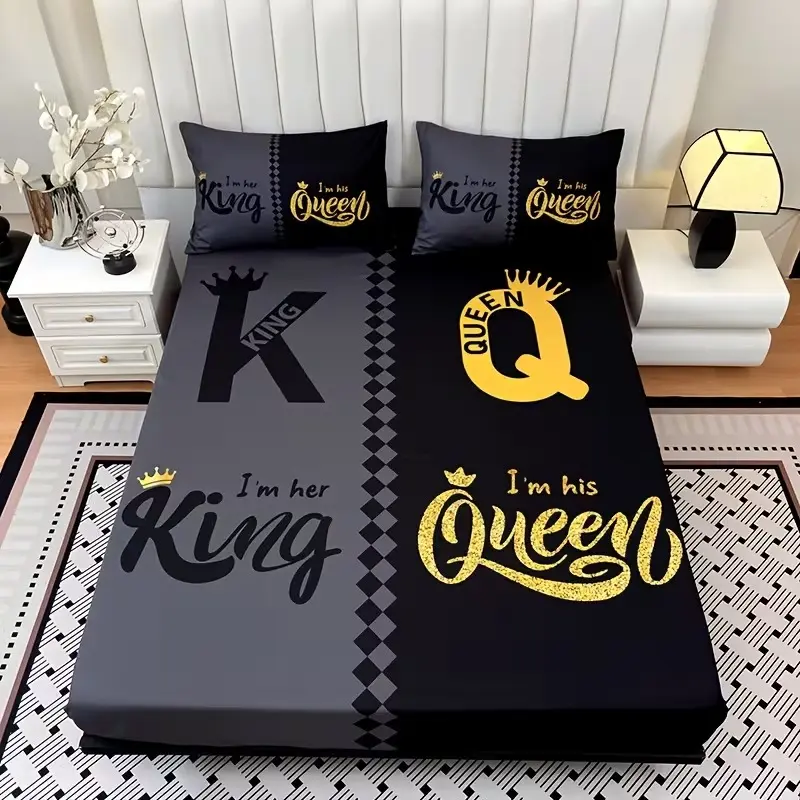 3-piece set (1 bedsheet+2 pillowcases, coreless), Bedsheet Sets, Bedding Supplies, black grey King's Crown print pattern bedding set, machine washable, suitable for hotel, bedroom decoration as a gift