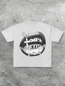 Men's Hip Hop Cross Tooth Lip Print T-Shirt, Street Style Loose Short Sleeve, Summer Fashion Casual Round Neck Top