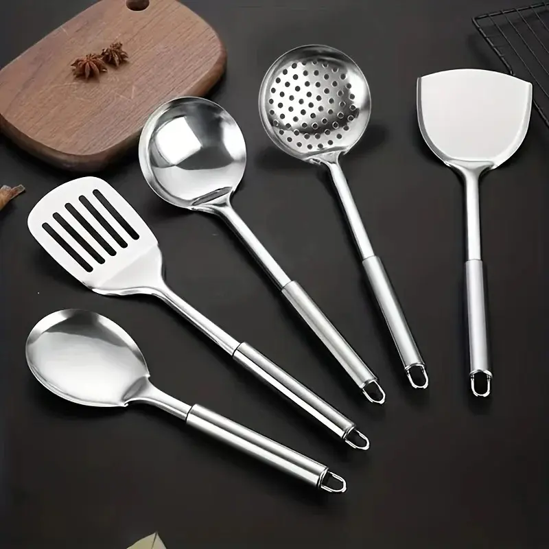 Stainless Steel Kitchen Cooking Utensils Set, 5 Counts/set Including Spatula, Cooking Colander, Soup Spoon, Fried Steak Spatula, Kitchen Utensils Set, Kitchen Gadgets