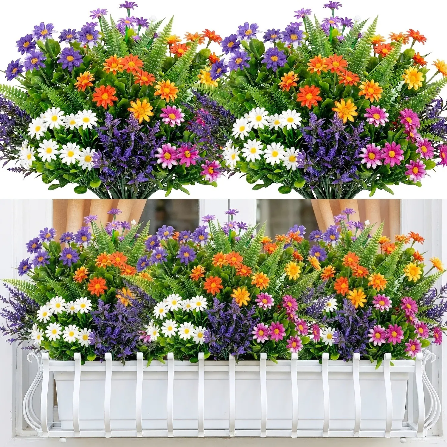 8pcs Outdoor Artificial Flowers, Faux Mixed Fluff and Phalaris Daisy, Spring Decorative, Suitable for Window Boxes, Patios, Garden, Artificial Flowers Bouquet, Fake Flowers Outdoor, Decoration Items