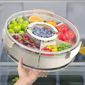 Rotating 6-Grid Snack Box with Lid – Clear Divided Fruit Tray with Handle
