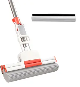 PVA Sponge Mop with Extra 13-inch Replacement Heads, Double-Row Roller Wringing, Stainless Steel Super Absorbent Mop Suitable for Tile and Solid Wood Floors