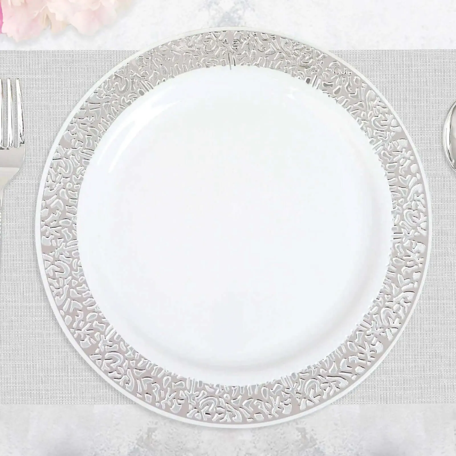 Sturdy 10-Pack 10 in White Disposable Plastic Dinner Plates with Fancy Silver Metallic Trimmed Borders - Home & Party Supplies for Wedding, Special Occasions, Pack Of 10 Plates