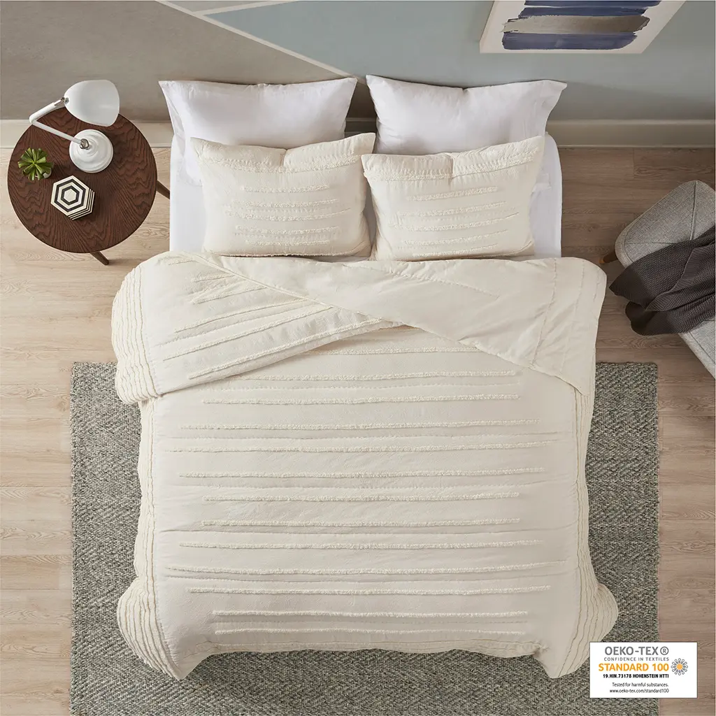 3-Piece Cotton Quilted Bedspread Set - Chenille Trims, Striped Design, Machine Washable, Modern Comfy Bedding Set