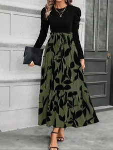 New Spring Autumn Slim Fit Fashion Casual Wear Round Neck Belted Princess Sleeve Dress, Long Sleeves A-Line Maxi Dress for Women