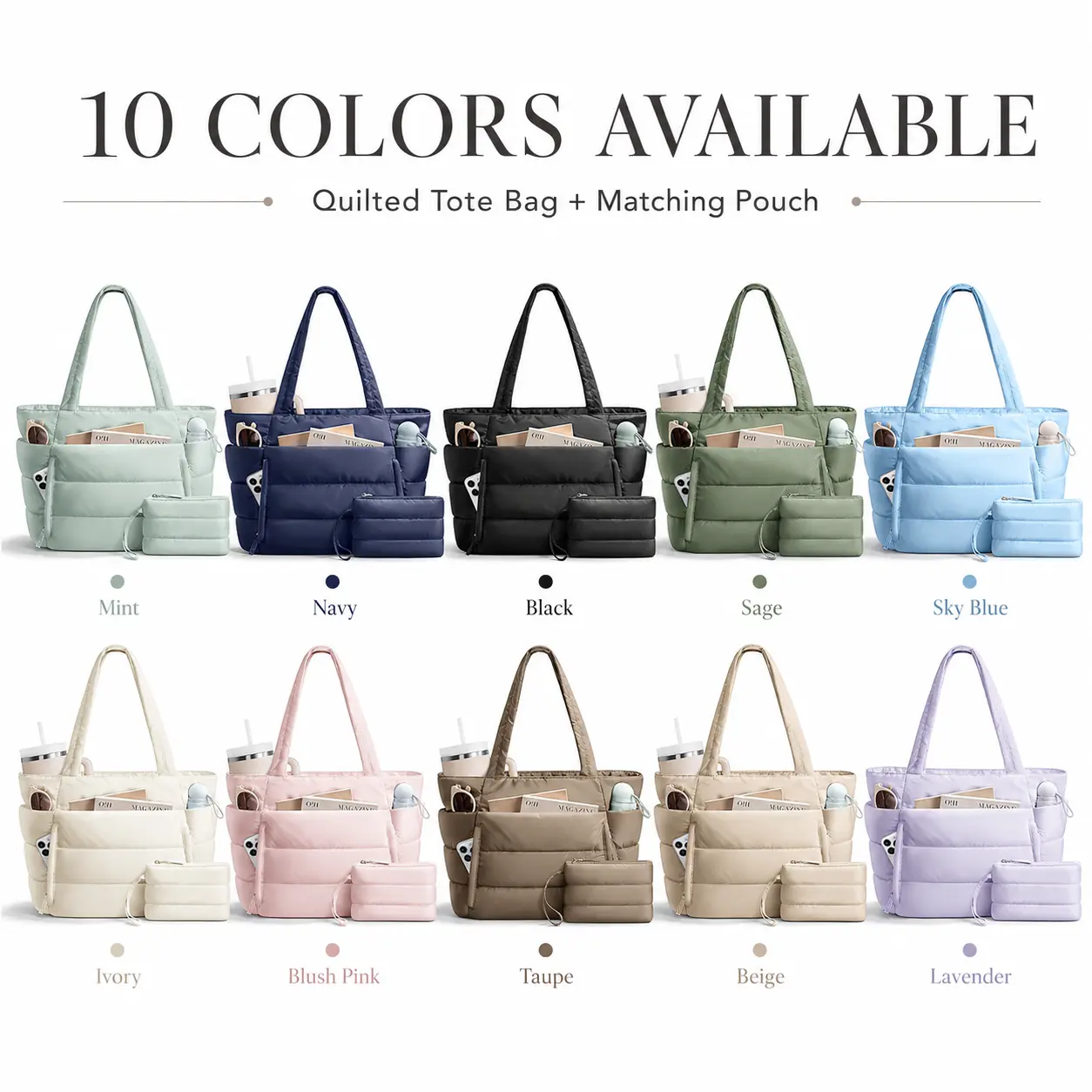 Large-Capacity Women's Tote Bag with Multiple Compartments—Travel, Work, and Laptop Bag; Lightweight, Puffy Handbag and Shoulder Bag
