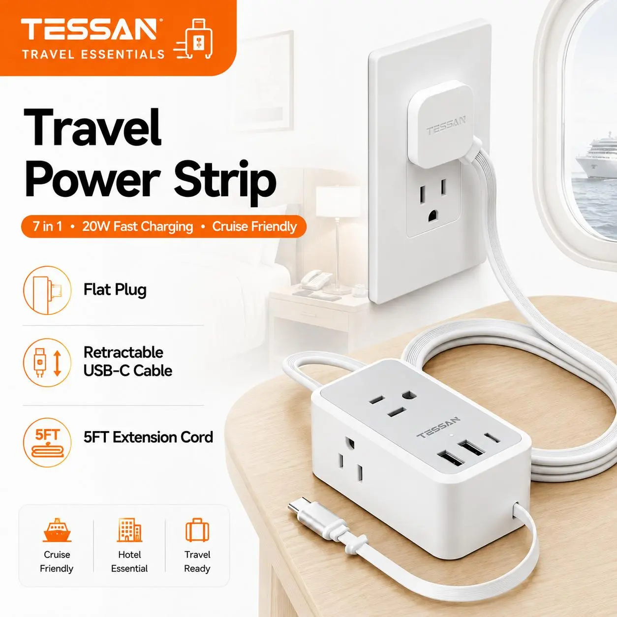 【TESSAN Small Flat Plug Power Strip】Ultra Thin Extension Cord 5 ft, Grey | 3 AC Outlets 3 USB (1 USB C), 1 Retractable USB C Cable, Wall Outlet Extender, NO Surge Protection, for Cruise Travel