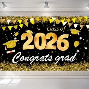 【graduation2026】Class of 2026 Graduation Banner - Black and Gold Congrats Grad Backdrop for 2026 Graduation Party Decorations43x71in