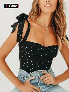 Women's Heart Print Ruched Camisole Shirred Tank Top, Boho Knot Shoulder Strappy Sleeveless Vintage Top for Summer, Fashion Women's Top for Daily Wear, Womenswear Bohemian