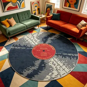 Circular Vintage Vinyl Record Print Rug, Modern Luxury Fashion Art Washable Easy Clean Plush Carpet, Home Decor for Living Room Bedroom, Living Room Rugs, Round Rug