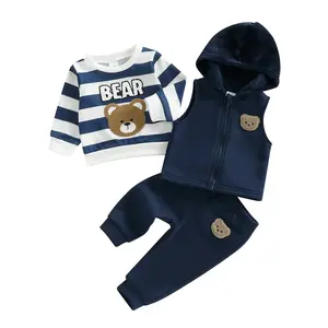 3Pcs Toddler Boy Winter Outfit Long Sleeve Crew Neck Bear Embroidery Sweatshirt Jogger Pants and Vest Coat