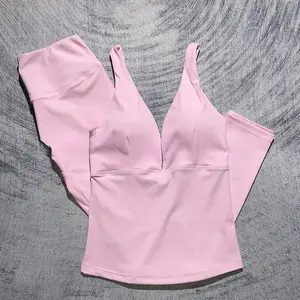 DFYNE 2-Piece Workout Set for Women| Plunge V-Neck Camisole Tank Top & High Waisted Tummy Control Gym Leggings Outfit