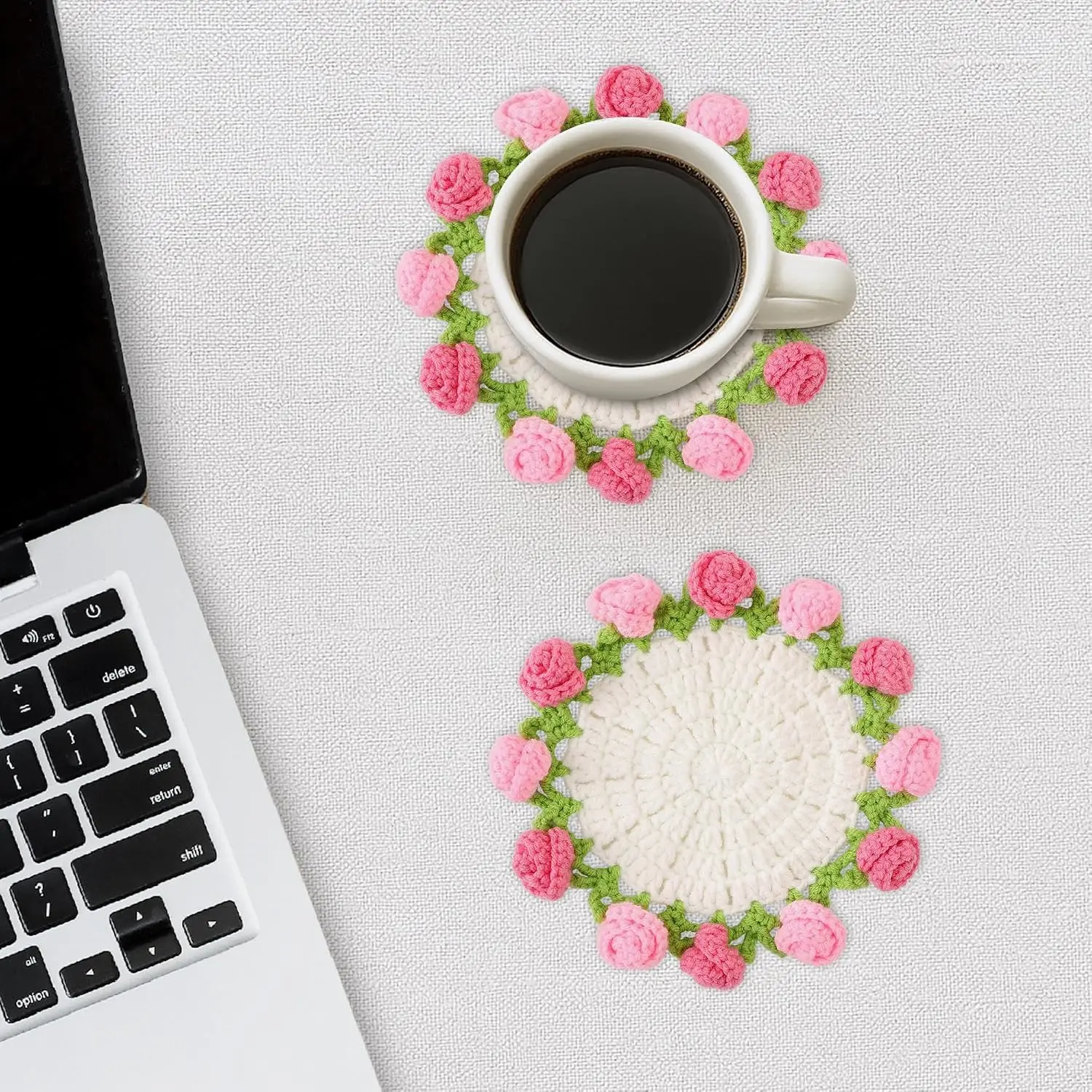 Handcrafted Knitted Fabric Cup Coasters - Aesthetic Flower Motif Hand Crochet Tableware, Cozy Look Drink Mats for Tabletop Safeguard & Plant Vase Cozy