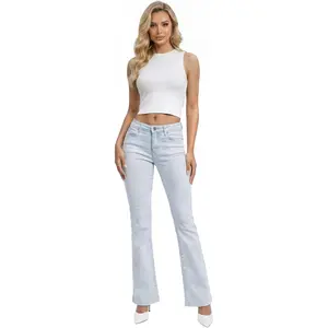Women's Flare Mid Rise Jeans Trendy Stretchy Denim Pants with Pockets