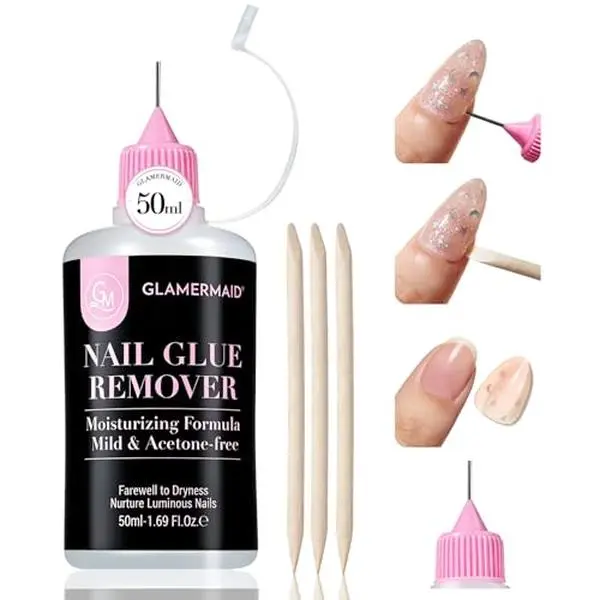 GLAMERMAID Nail Glue Remover for Press on Nails, Acetone-Free Pinpoint Design with 3 Orangewood Sticks, Gentle Multi-Purpose Nail Adhesive Remover for Fake Nails, Nail Tips & Acrylic Nails 50ml