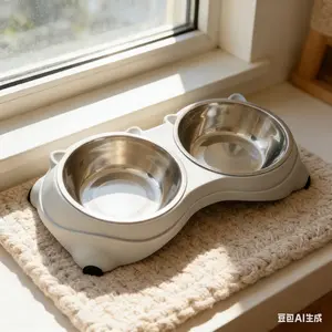 Stainless Steel Double Cat Bowls - Non-Slip Pet Food & Water Bowl Set for Cats & Kittens