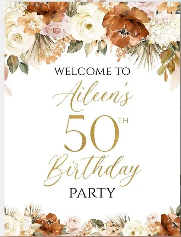 Personalized Floral Banners for 40th 50th 60th 70th 80th 90th 100th Birthday Party Decorations Customized Burnt Orange Ornaments Welcome Sign