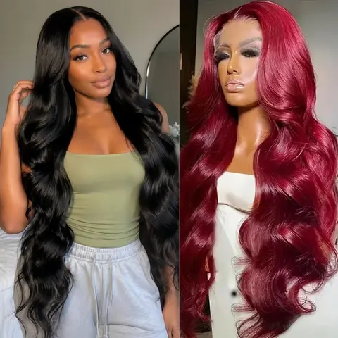 Women's 2-Piece Human Hair Wigs, 13x4 HD Lace Front Body Wave Style, Pre-Plucked Hairline, Burgundy Highlight Natural Black, Soft Tangle-Free for Daily Wear & Parties, Lace Front Wig Human Hair