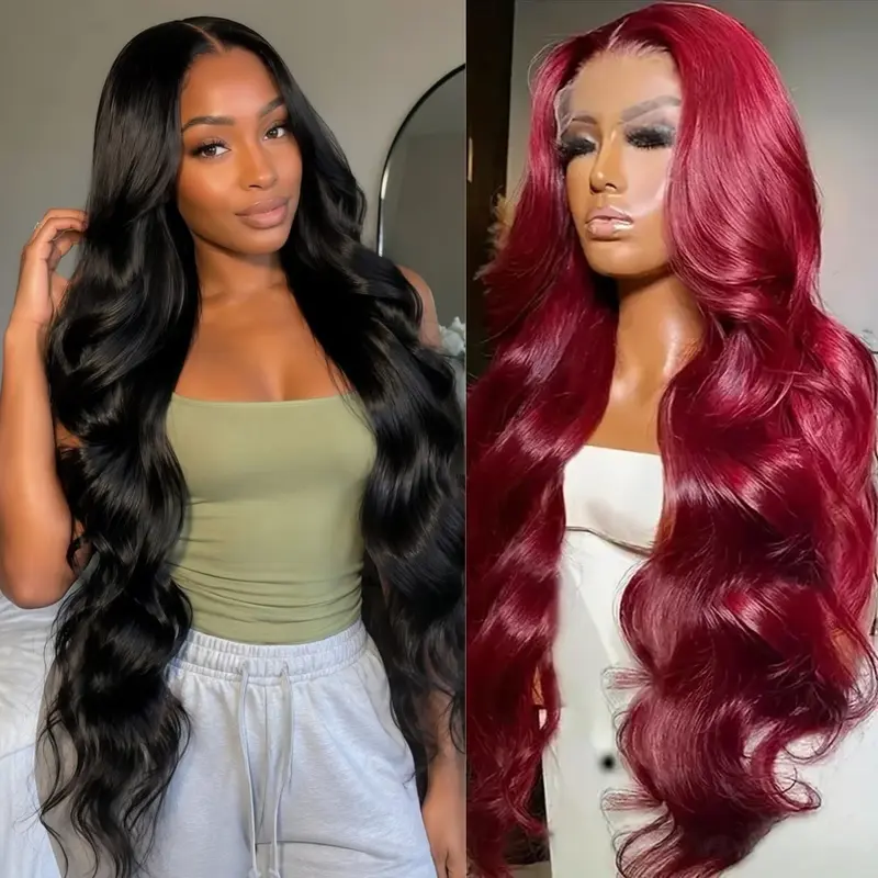 Women's 2-Piece Human Hair Wigs, 13x4 HD Lace Front Body Wave Style, Pre-Plucked Hairline, Burgundy Highlight Natural Black, Soft Tangle-Free for Daily Wear & Parties, Lace Front Wig Human Hair