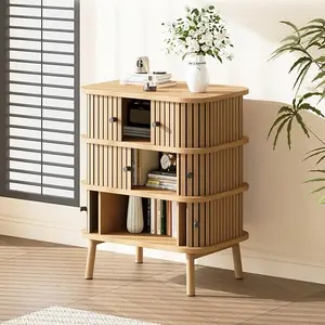 Fluted 3 Drawers Nightstand with Sliding Door, Boho 3 Drawer Dressers for Bedroom, Wooden Chest of Storage Drawer, Side Table for Living Room, Small Space