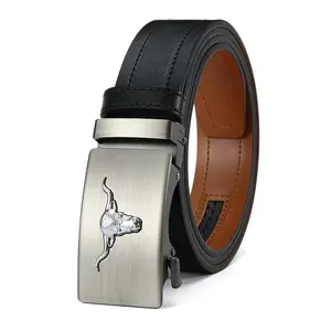 Stylish men's automatic ratchet belt premium leather bull skull design adjustable buckle sturdy versatile for business casual great gift for Valentine's Day Father's Day