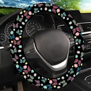 Pastel Flower & Butterfly Pattern Steering Wheel Cover, Colorful Black Background Cute Design - Fit Car Interior Accessory, Durable Material, No Inner Ring, For All Seasons Automotive Accessories, Best Festive Gift Item For Friends and Family.11.25QWA-479