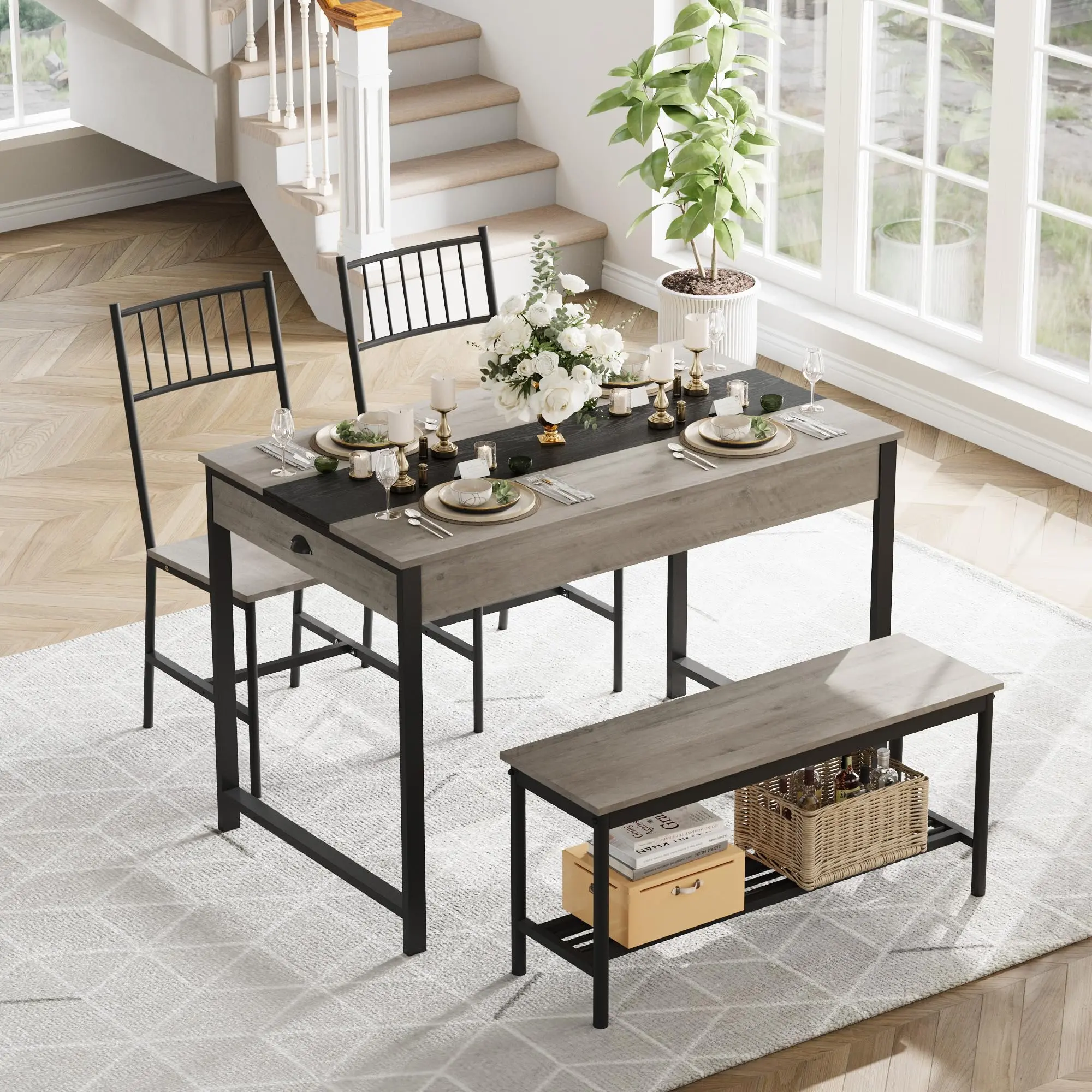 Farmhouse 4-Piece Dining Room Table Set for 4 - Modern Space-Saving Rectangular Kitchen Table with Bench, 2 Chairs, Storage Rack & Drawers, Breakfast Nook Set for Small Spaces, Modern Dining Set