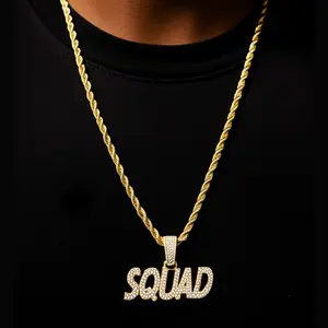 Iced Hip Hop Gold Plated SQUAD Letters CZ Pendant & 4mm 18" 20" 24" Rope Hip Hop Style Fashion Necklace Jewelry