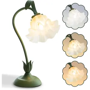 Flower Table Lamp LED Reading Light Vintage Flower Night Light 3 Colors Modes Kawaii Bedside Lamps Decor Home Lighting for Living Room Bedroom Home Decoration (Green)