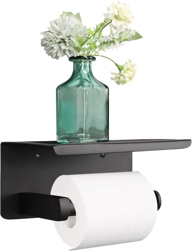 Toilet Paper Holder with Shelf, Heavy Duty Bath Toilet Roll Holder with Phone Shelf Tissue Hanger for Bathroom/Kitchen No Drill or Wall Mounted(304 Stainless Steel, Matte Black)