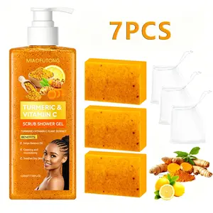 Turmeric Set 3PCS Lemon Ginger Yellow Soap+Shower Gel Body Scrub Cleaning Moisturizing Skincare Deep Cleansing