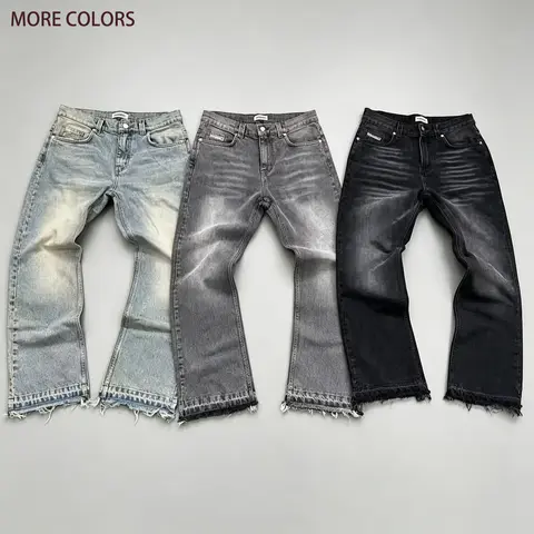 Vintage Washed Frayed Hem Flare Jeans Unisex Gradient Whiskering Distressed Mid Rise Raw Edge Bootcut Denim Pants Oversized Loose Y2K Retro Urban Streetwear Casual Trousers