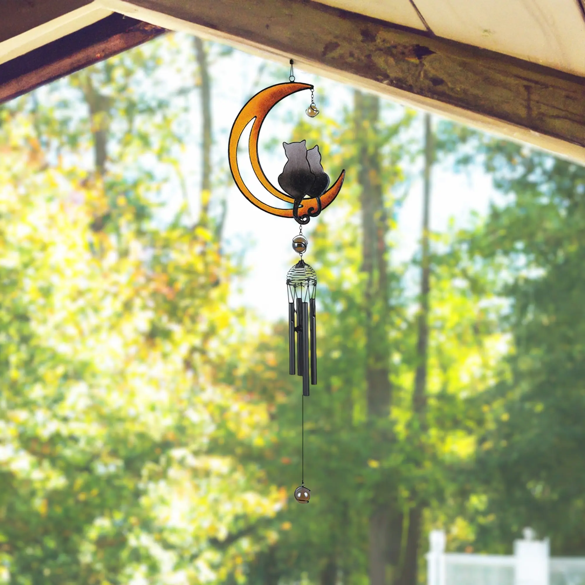 31" Long Wind Chime with Black Coated Gems Cats on The Moon Hanging Decoration