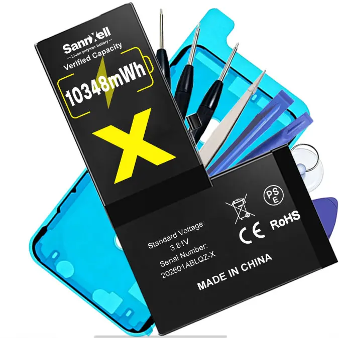 SannXell Upgraded High-Capacity Aluminium Cellphone Battery Accessories for iPhone X Replacement, 10348mWh 0-Cycle Li-ion Battery for A1865/A1901/A1902 Models, with Full Mobile Repair Tool Kit