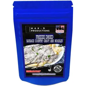 MAK D Productions - Freeze Dried Meal  - Pork - Pasta - Sausage Country Gravy And Noodles - Gourmet Recipes by a Sullivan University (Louisville, Kentucky) Culinary Chef Graduate - NEVER BLAND TASTING - MADE IN THE USA