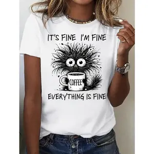 "It's Fine I'm Fine" Graphic Print Short Sleeve Round Neck T-Shirt - White with Black Coffee Design - Casual Humorous Style for All Seasons - Machine Washable