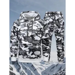 Men'S Camo Hooded Sweatshirt and Pants Set, Casual Outdoor Polyester 100% Full Body Suit, Long Sleeve Pullovers with Drawstring, Regular Fit, 3D Printing, Knit Fabric, Slight Stretch, for Hiking, Camping, Hunting, Running, Training - Fall/W