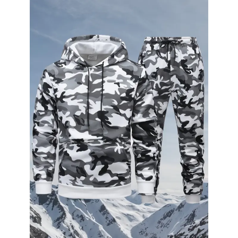 Men's 2-Piece 3D Camouflage Print Hooded Tracksuit - Polyester Knit Long Sleeve Toweling Pullover Sweatshirt & Drawstring Full-Length Pants Set for Outdoor Hunting, Sports Training, Hand Wash Only, Hunting Gear, 3D Printing, Male