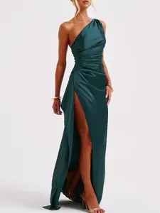 Green One Shoulder Sleeveless Maxi Dress Womens Elegant Slim Fit Ruched Bodycon High Slit Long Dress Sexy Evening Gown Formal Party Wedding Guest Vacation Holiday Summer Streetwear Fashion Dress