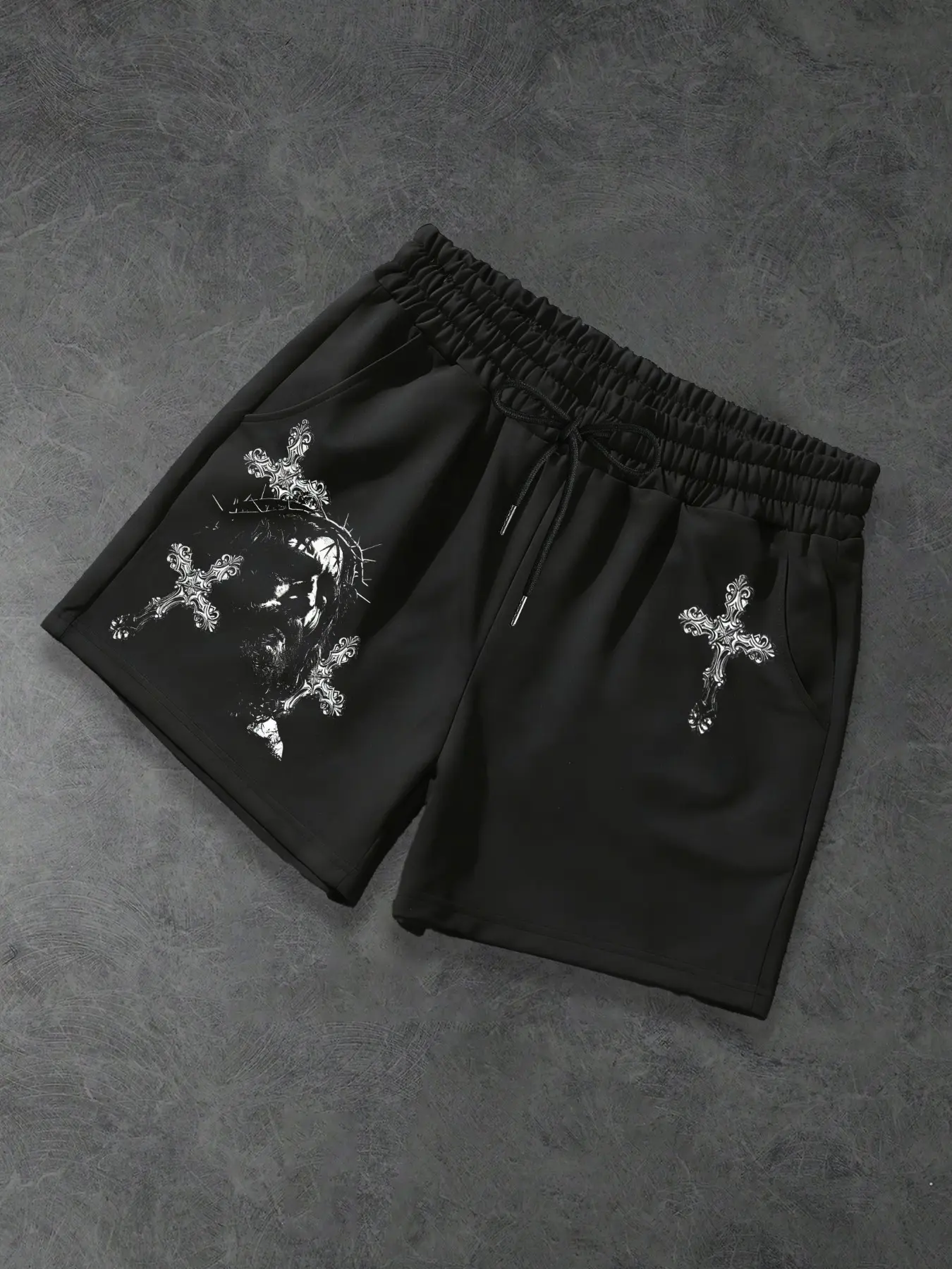 Men's Crocodile Heart Cross Jesus Gym Shorts, Gothic Cross + Crown of Thorns + Drawstring Waist, Soft Cotton Blend for Everyday Wear