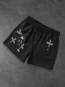 Men's Crocodile Heart Cross Jesus Gym Shorts, Gothic Cross + Crown of Thorns + Drawstring Waist, Soft Cotton Blend for Everyday Wear
