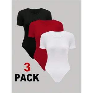 Women'sSolidColorBodysuit,CasualComfyRoundNeckShortSleeveBodysuitforDailyWear,LadiesClothesforSpring&Fall,Socks