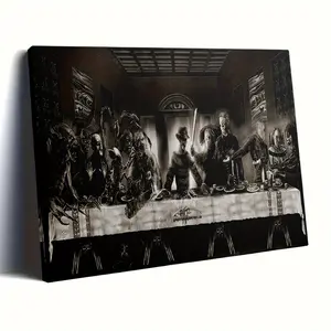 1 Piece Framed Oil Painting - Horror Classic <The Last Supper> Wall Art Print, Suitable for Halloween Decoration Poster, Iconic Horror Characters Presented in <The Last Supper> Posture, Surrounding Frame, Traditional/Modern/Weird Style, Artistic, Suitab