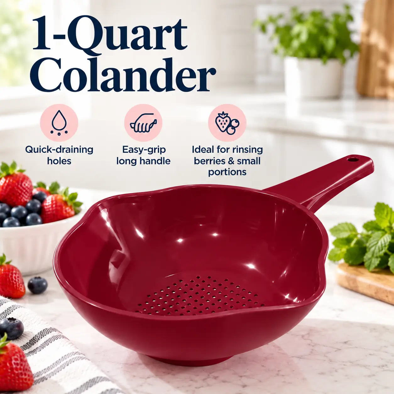 1-Quart Colander with Long Handle – Burgundy Fruit & Vegetable Strainer